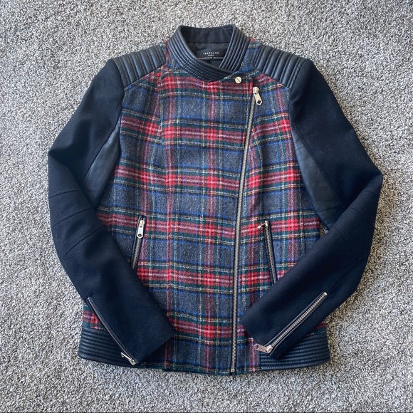 Zara Trafaluc wool blend plaid moto biker jacket XS - Picture 11 of 14